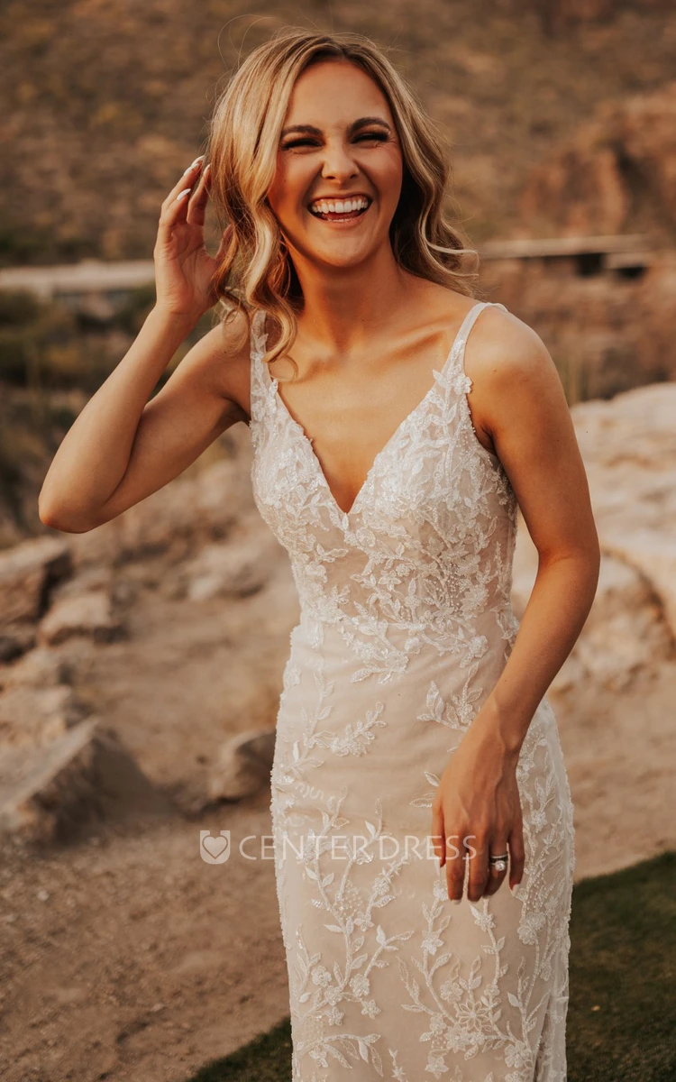 Elegant Lace Mermaid Wedding Dress with V-neck and Sweep Train Simple and Ethereal
