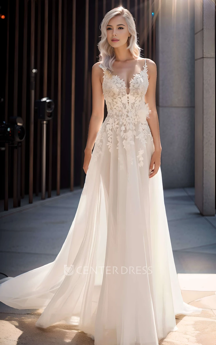 Elegant Ethereal A-Line Spaghetti V-neck Lace Tulle Wedding Dress Romantic Sexy Sleeveless Appliques Floor-length Zipper Deep-V Garden Back Bridal Gown with Train