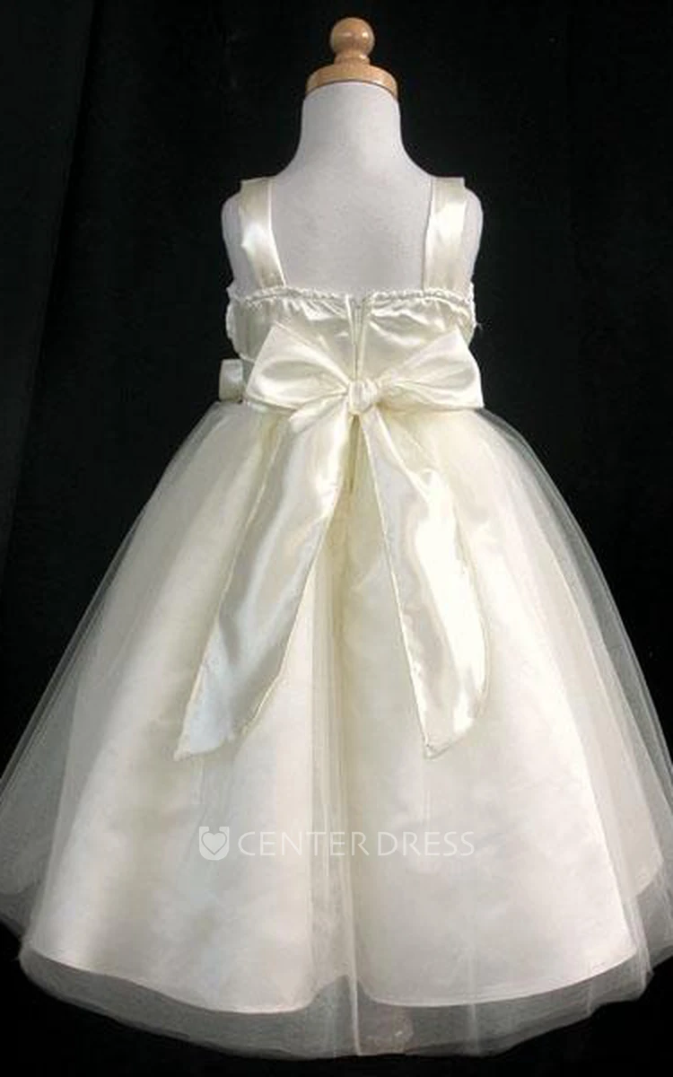 Embroideried Tea-Length Split-Front Bowed Tulle&Satin Flower Girl Dress With Sash