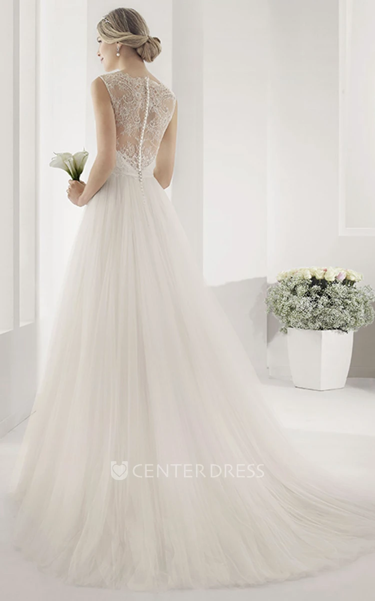 V Neck Embroidered Top Gown With Tulle Skirt And Waist Flower