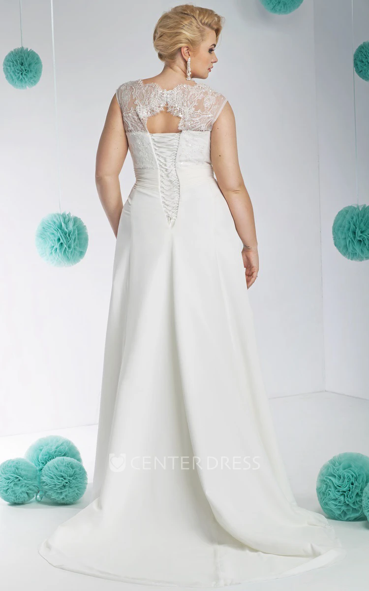 Cap-Sleeve Floor-Length Lace Bateau-Neck Chiffon Plus Size Wedding Dress