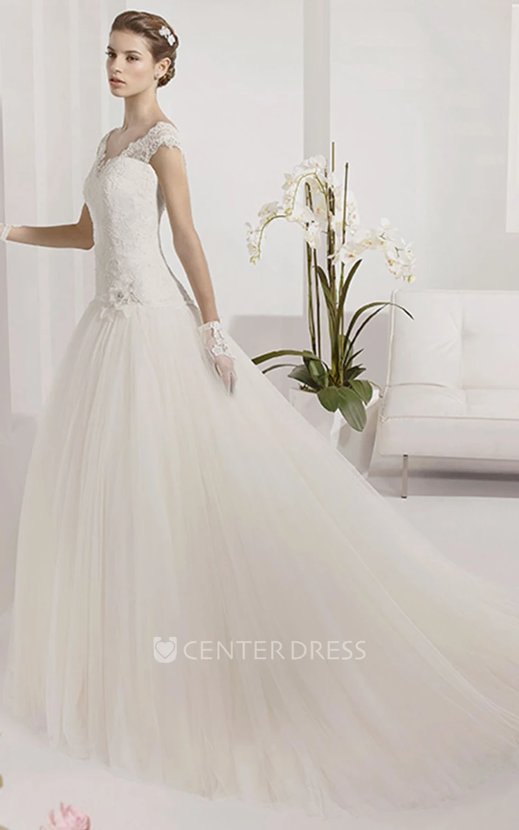 V Neck Cap Sleeve Tulle Ball Gown With Wrop Waist And Flower