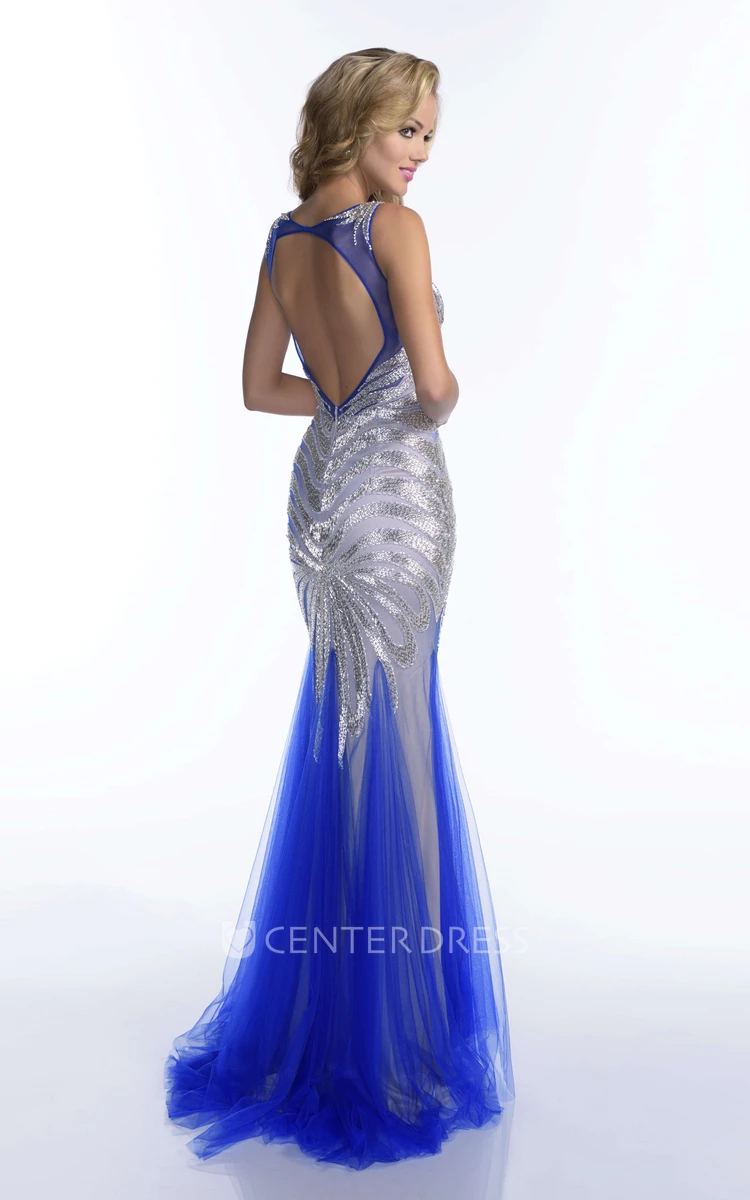 Tulle Mermaid Bateau Neck Sleeveless Shining Sequins Prom Dress With Keyhole Back