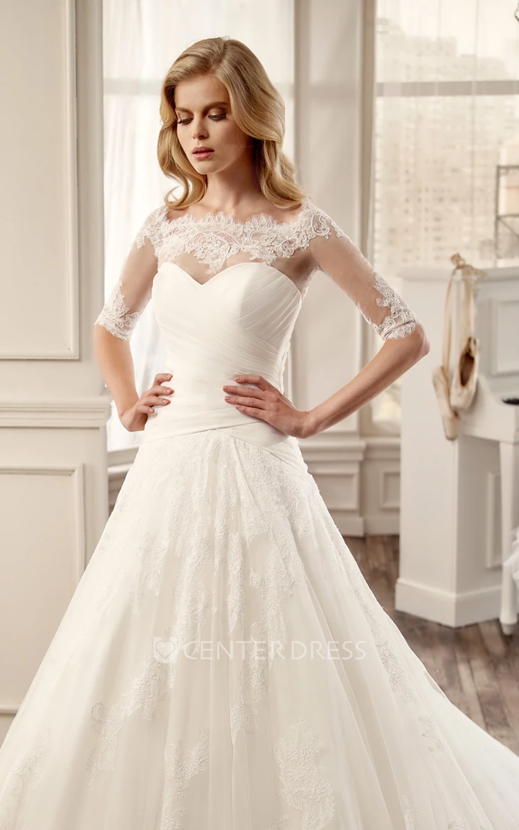 Half-Sleeve Long Wedding Dress With Pleated Skirt And Brush Train