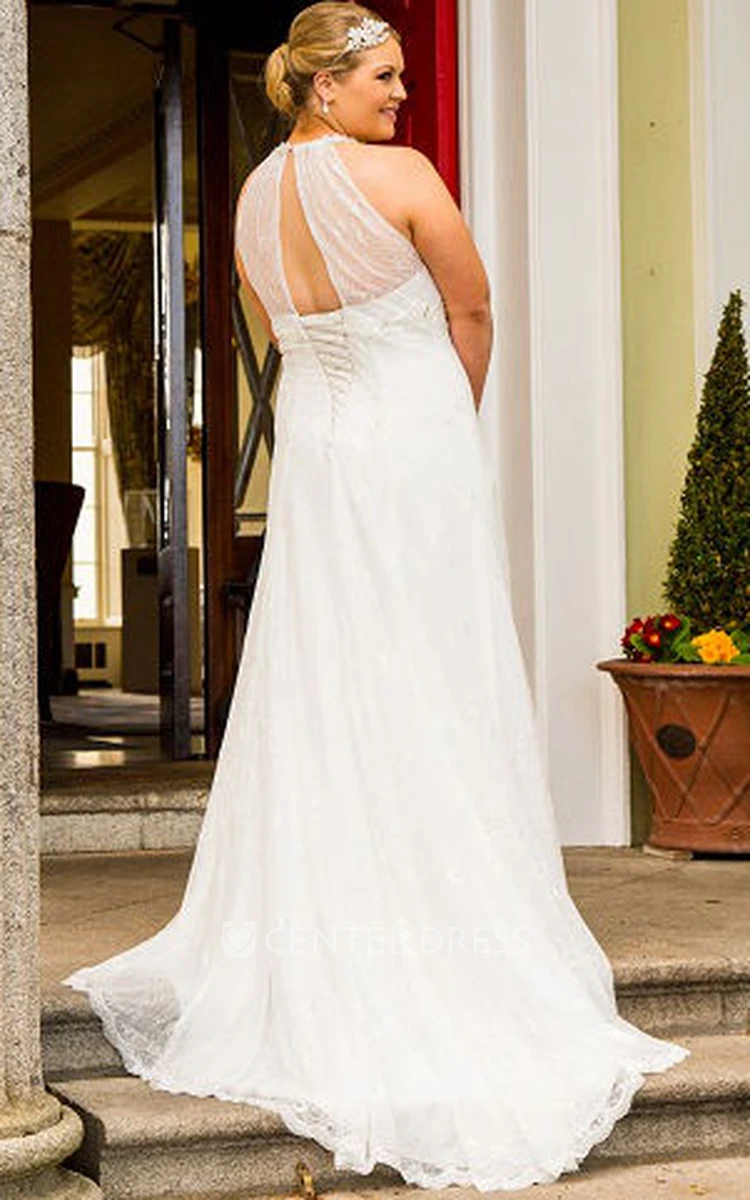 High Neck Sleeveless Lace Bridal Gown With Lace Up And Keyhole