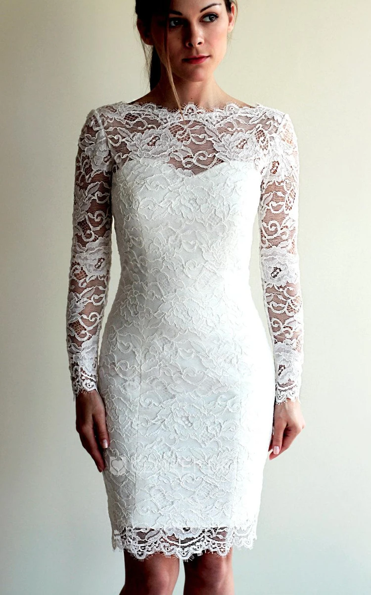 Illusion Neckline Long Sleeve Short Lace Wedding Dress With V Back