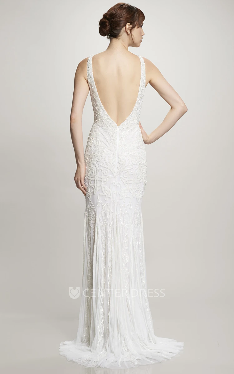 Floor-Length Scoop Lace Wedding Dress With Brush Train And V Back
