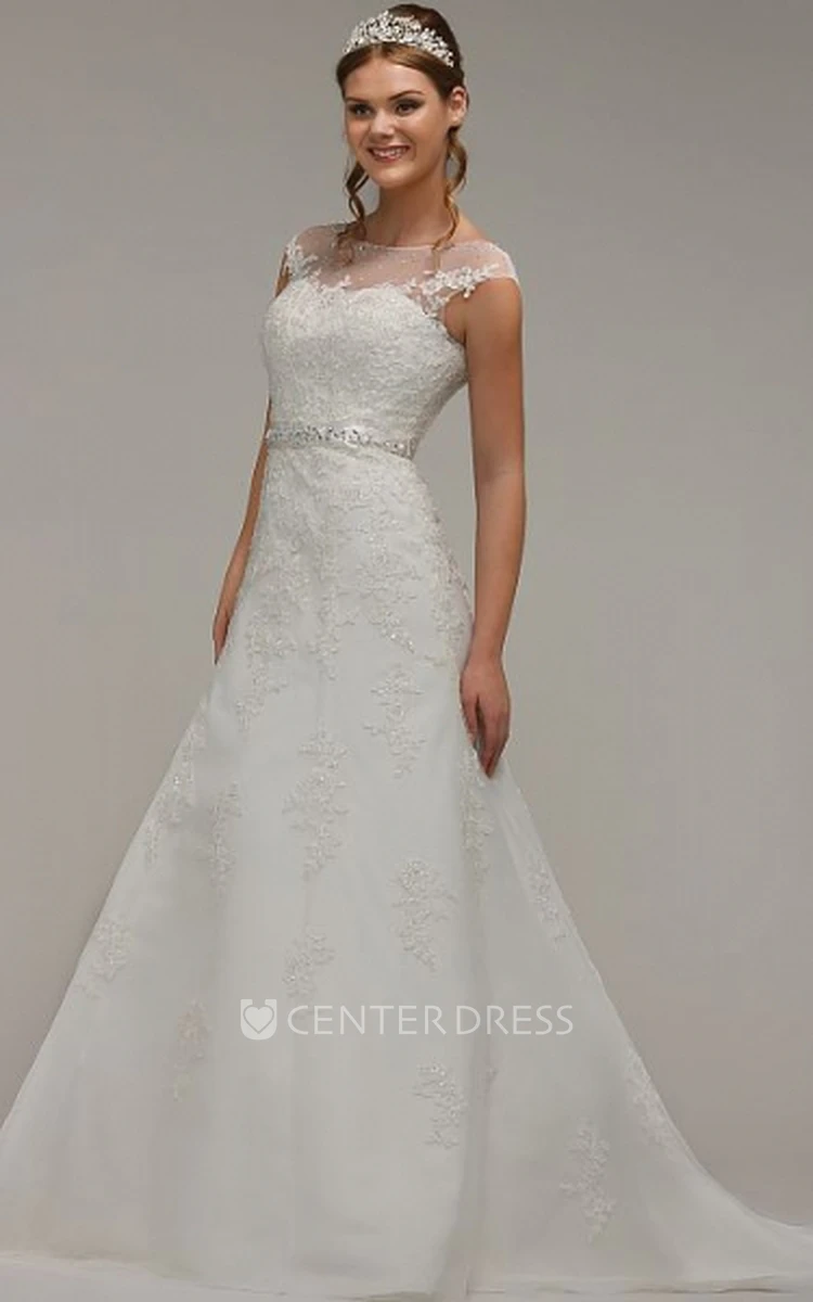 A-Line Jeweled Cap-Sleeve Scoop-Neck Lace Wedding Dress With Bow