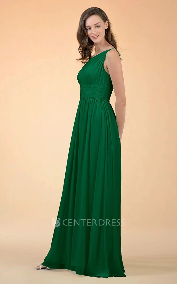 Casual Chiffon Floor-length One-shoulder A Line Sleeveless Bridesmaid Dress With Ruching