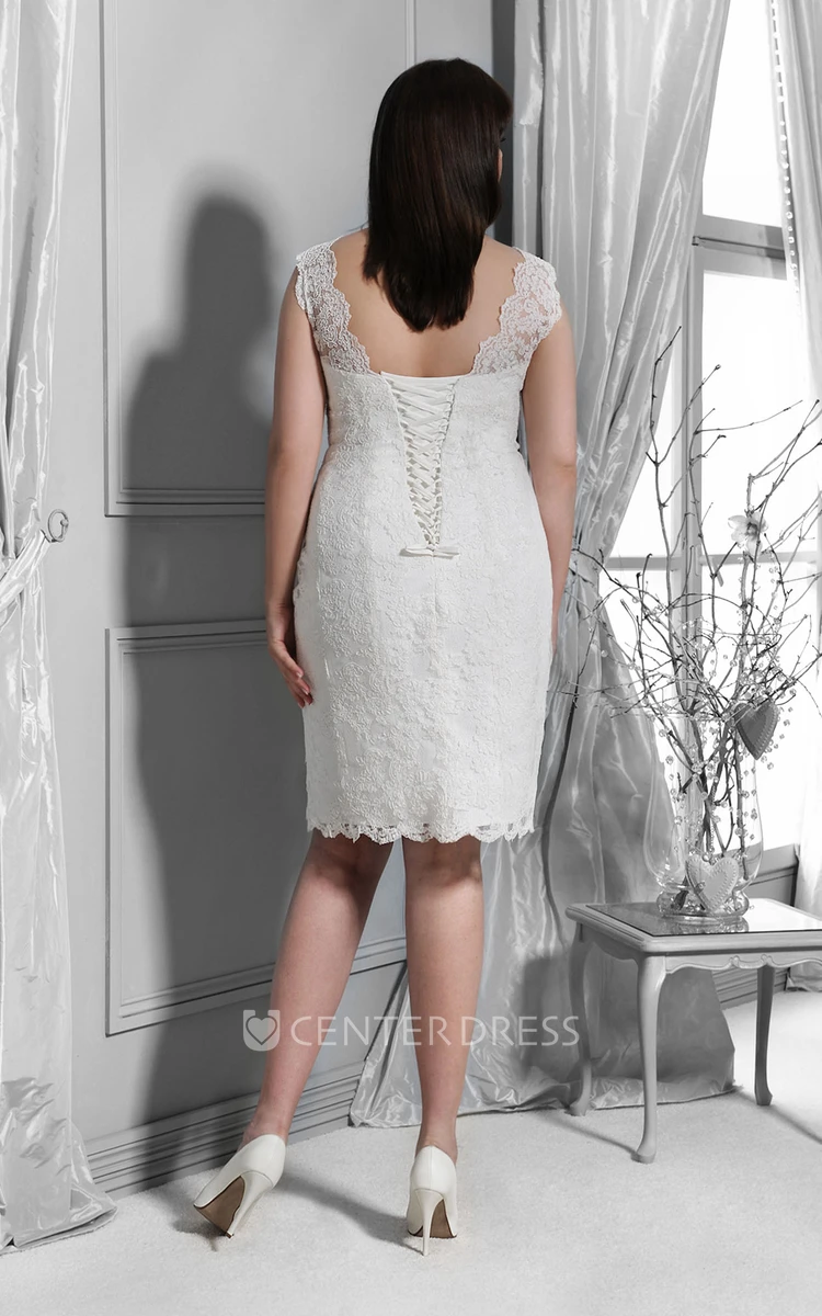 Lace Caped-Sleeve Knee-Length Dress With Corset Back