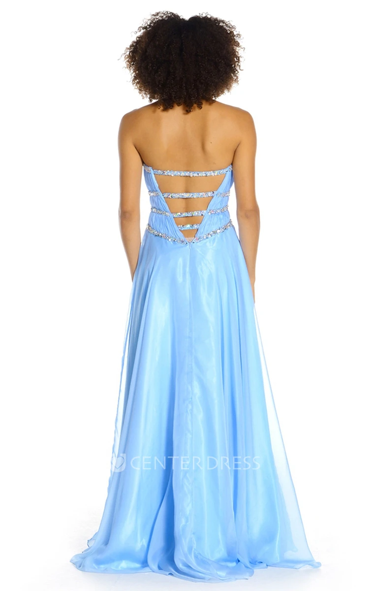 A-Line Sweetheart Long Sleeveless Beaded Tulle&Satin Prom Dress With Ruching