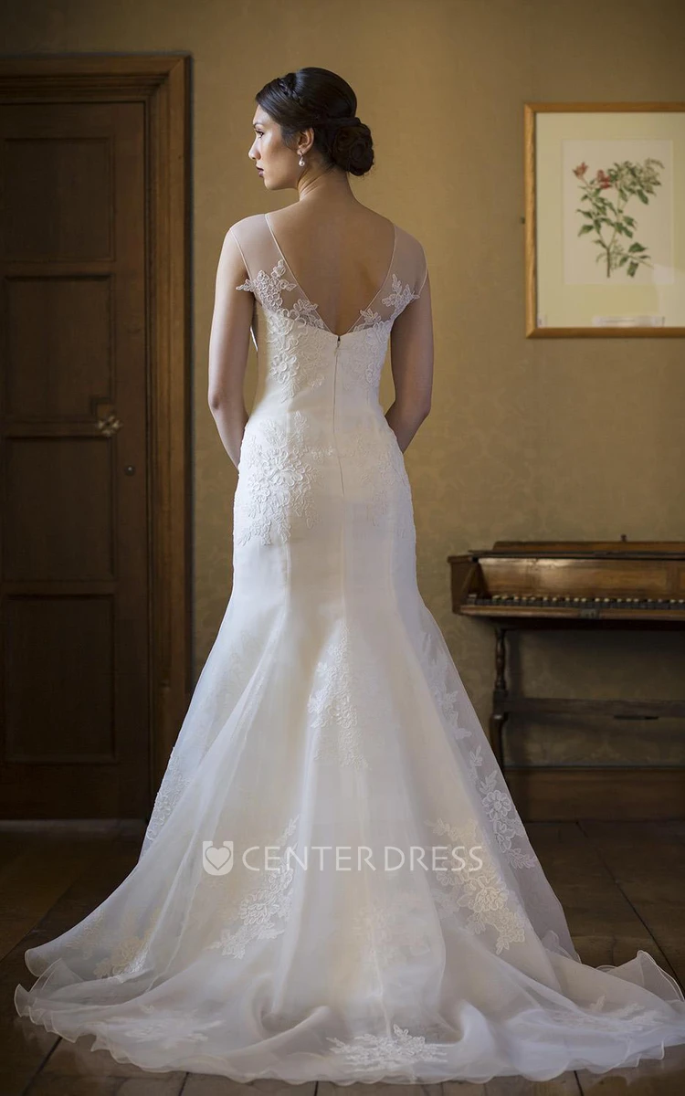 Trumpet Cap-Sleeve Long V-Neck Appliqued Lace&Organza Wedding Dress