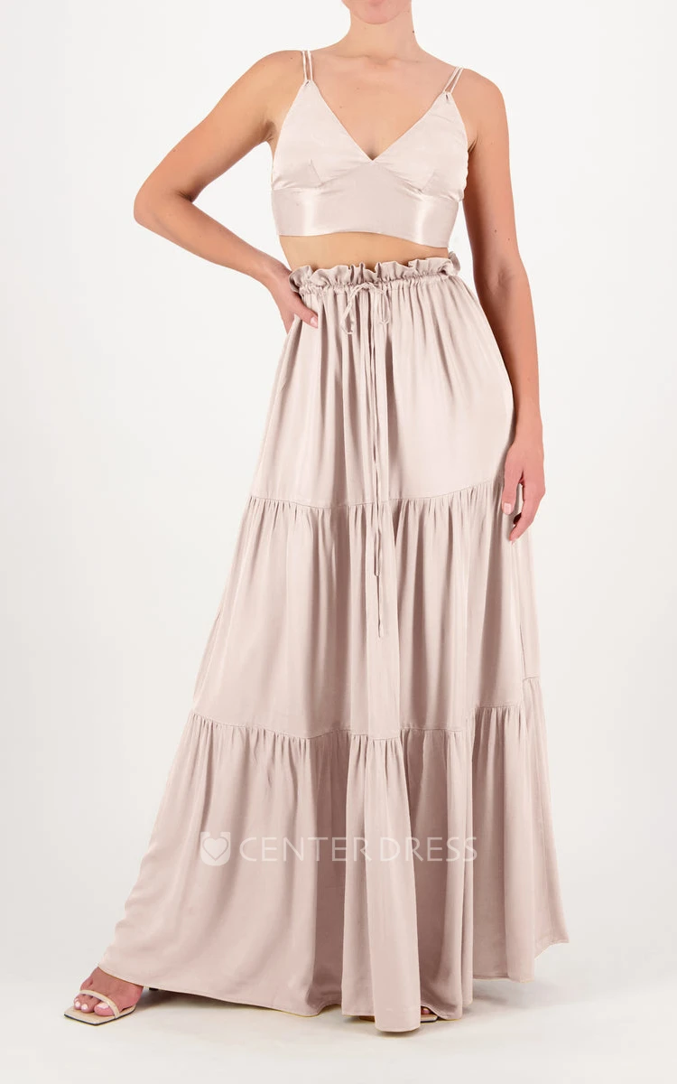Simple Spaghetti Two Piece Charmeuse Bridesmaid Dress with Open Back and Pleats
