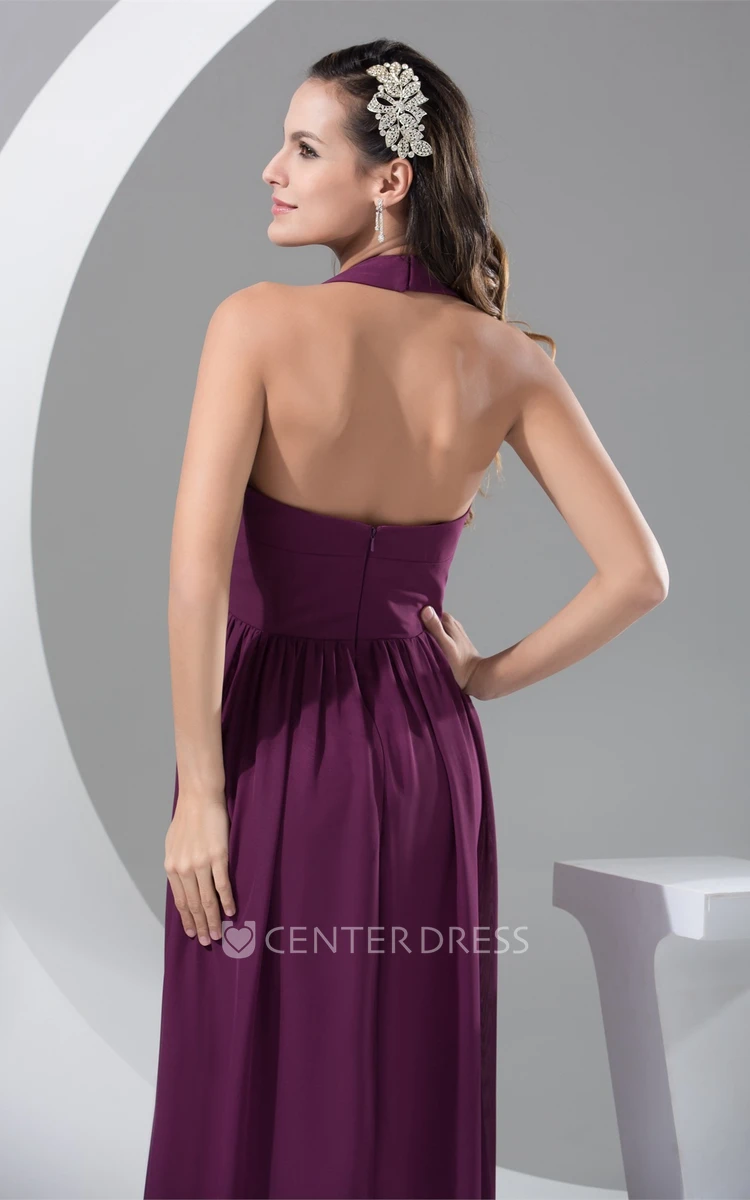 Halter Plunged Backless Chiffon A Line Maxi Formal Dress with Pleats