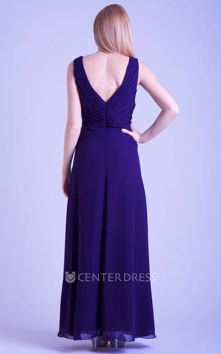 A-Line Sleeveless Broach Ankle-Length V-Neck Chiffon Prom Dress With Draping And Ruching