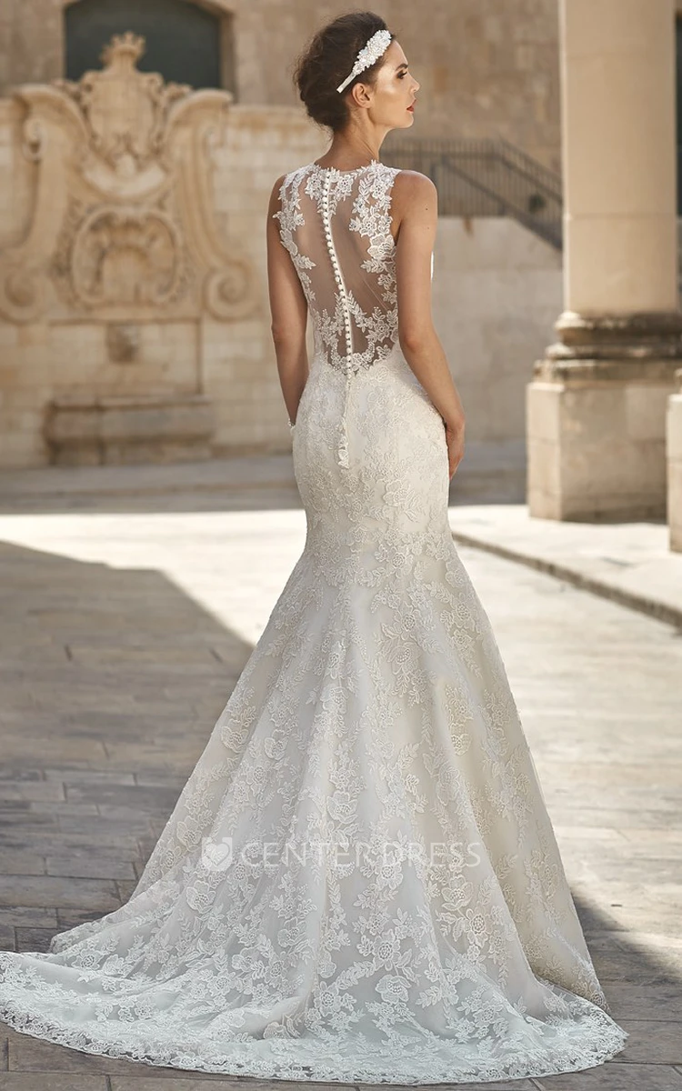 Mermaid Sleeveless Scoop-Neck Appliqued Floor-Length Lace Wedding Dress
