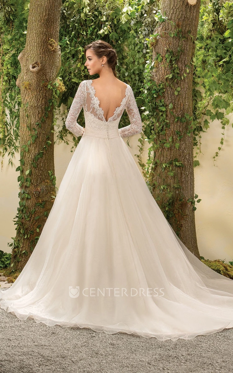 3-4 Sleeved A-Line Wedding Dress With Lace Bodice And Deep V-Back