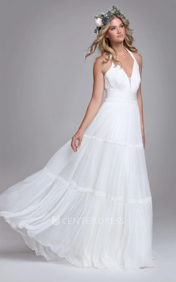 Sexy A Line Tulle Halter Brush Train Wedding Dress with Ruching