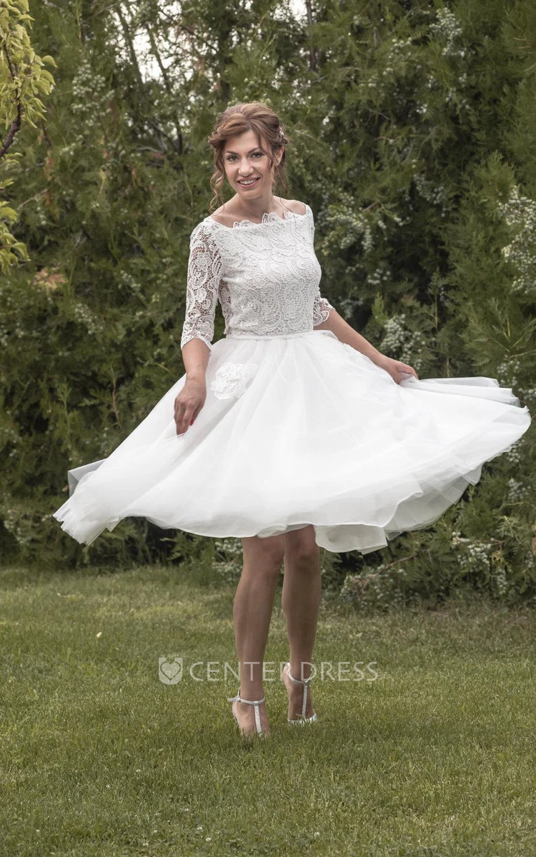 Vintage Inspired Tea Length Tulle Wedding Dress With Lace Bodice