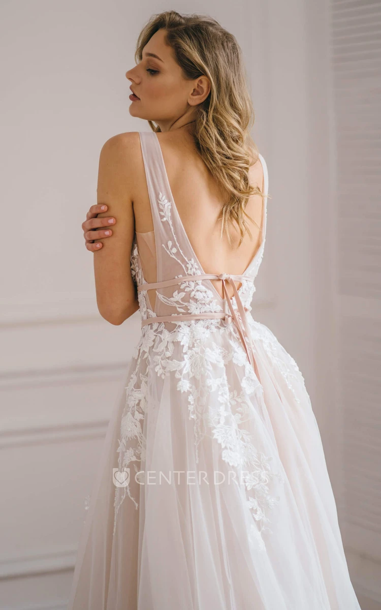 Elegant V-neck A Line Tulle Sleeveless Floor-length Wedding Dress with Bow