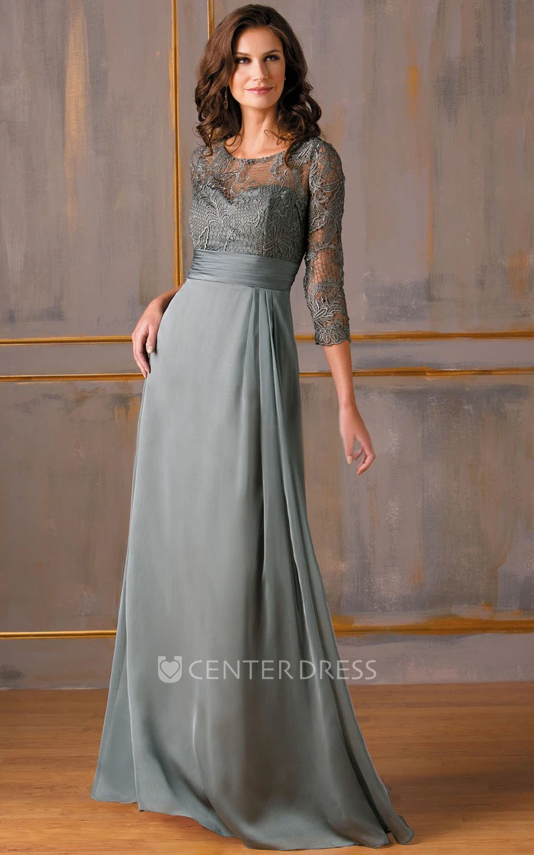 3-4 Sleeved Gown With Lace Bodice And Keyholes Back