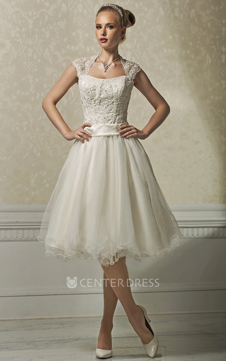 A-Line Strapless Sleeveless Appliqued Knee-Length Lace&Organza Wedding Dress With Ruffles And Cape