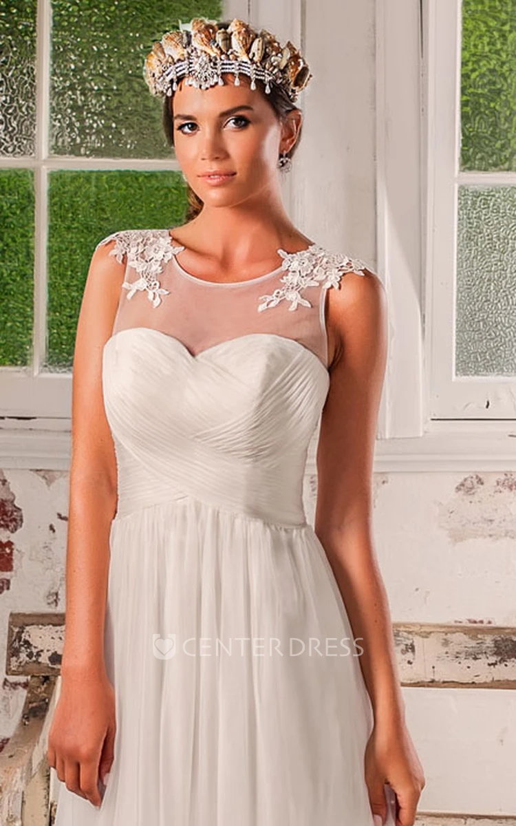 Floor-Length Scoop Pleated Criss-Cross Tulle Wedding Dress With Appliques