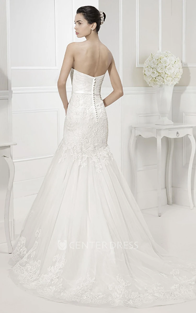 Criss-Cross Sweetheart Mermaid Tulle Bridal Gown With Lace And Belt