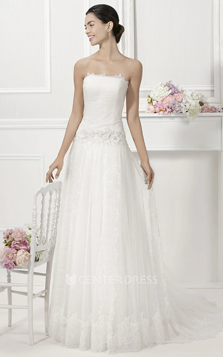Strapless Drop Waist Tulle Bridal Gown With Removable Lace Cap Sleeves
