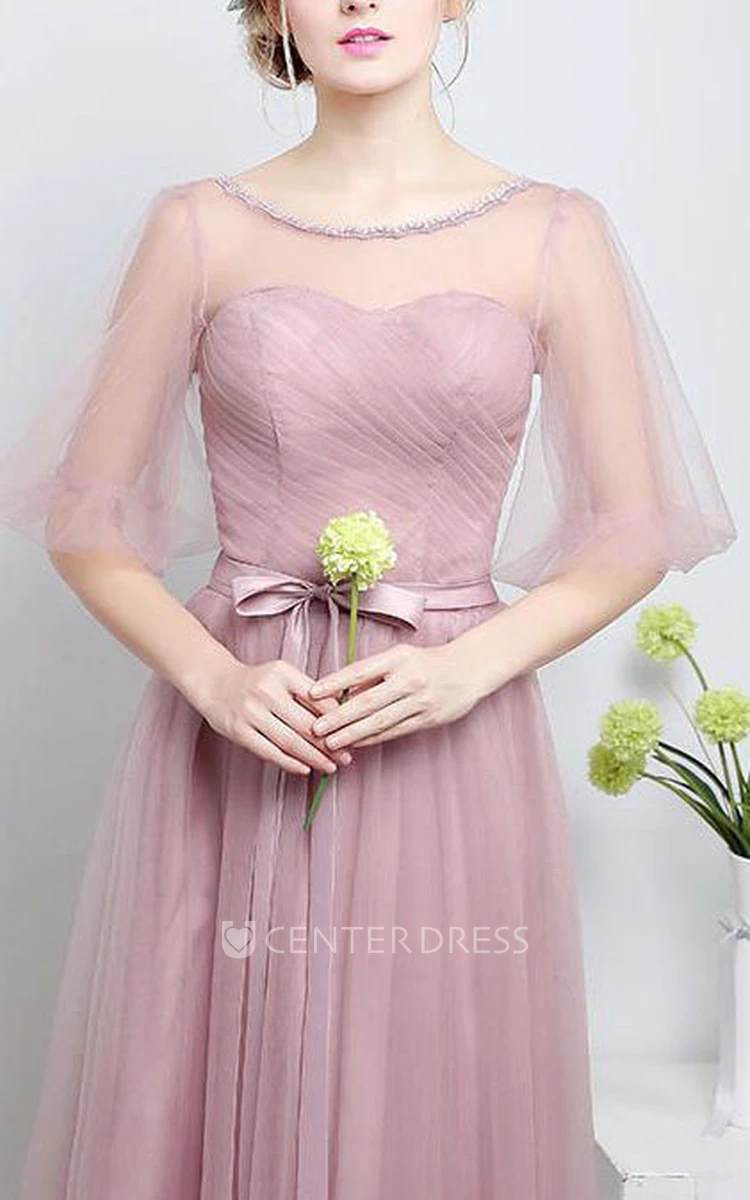A-line Bow Flower Sash Tulle Illusion Dress