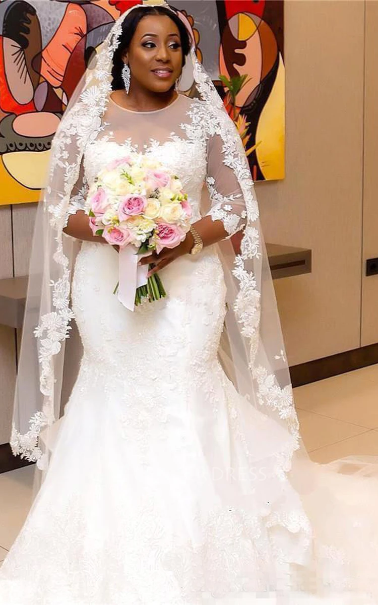 Sheer 3-4 Long Sleeves Plus Size Mermaid Wedding Dress - UCenter Dress