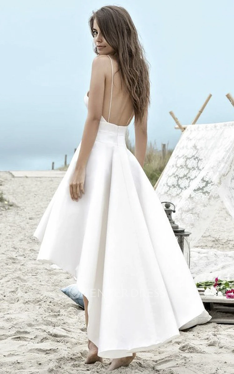 High-low Simple Beach Wedding Dress With Spaghetti Straps And Ruching
