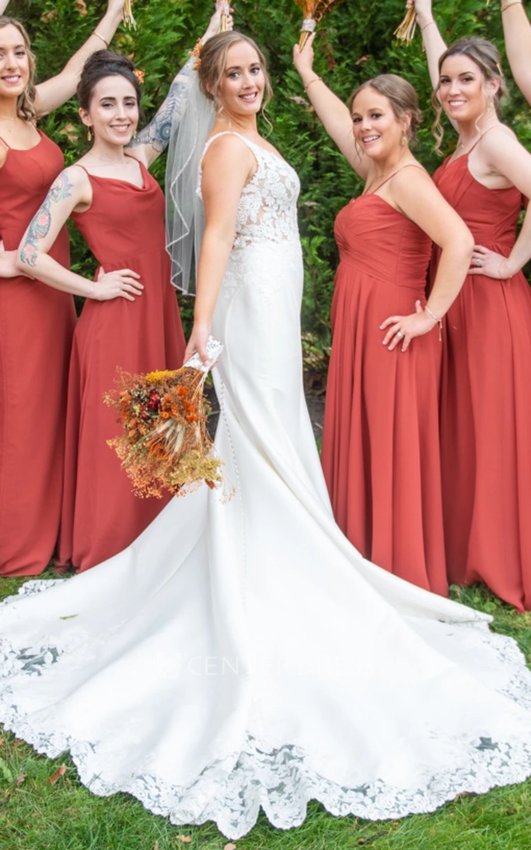 Elegant Mermaid Straps Sleeveless V-neck Lace Appliques Sweep Train Garden Wedding Dress