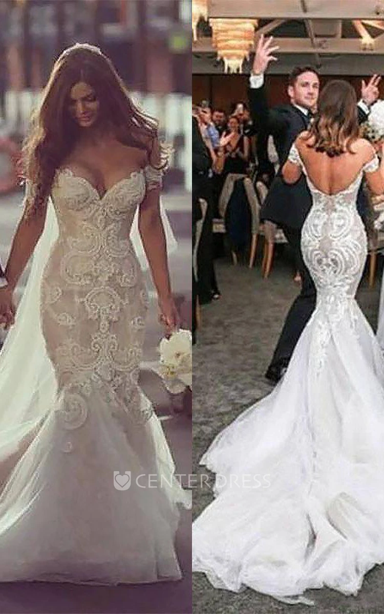 Mermaid Trumpet V neck Lace Tulle Deep V Back Wedding Dress UCenter Dress