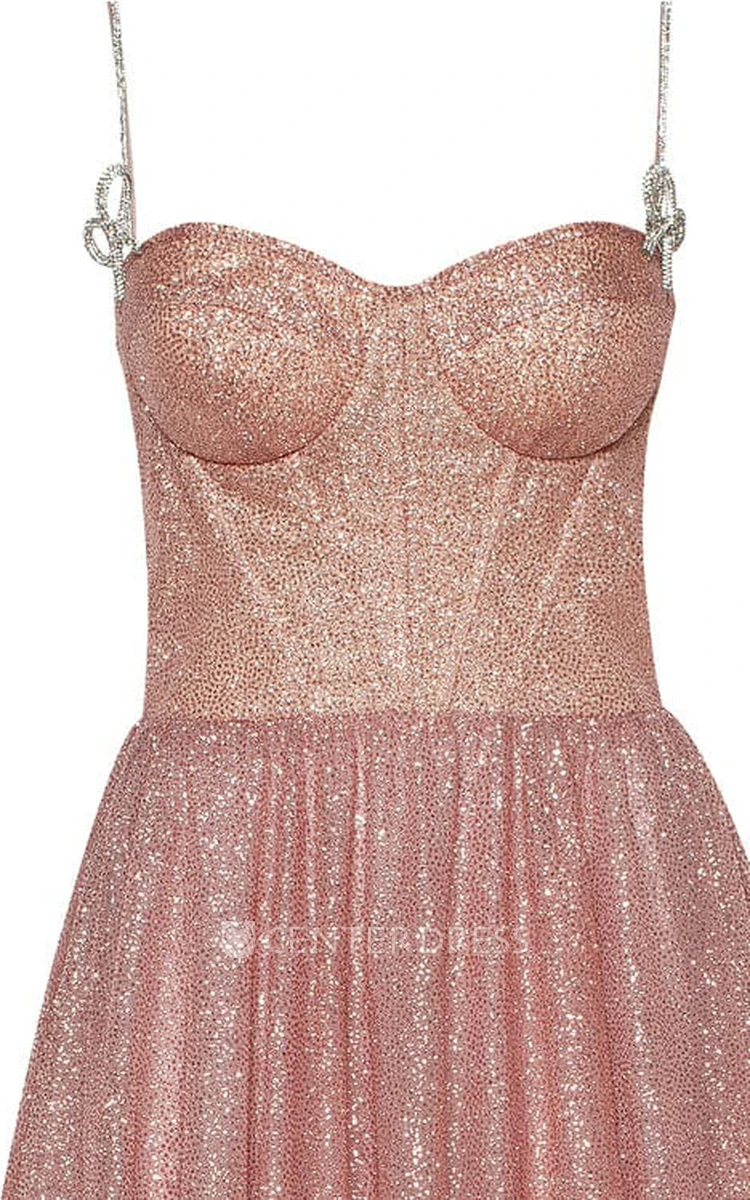 Sexy A-Line Spaghetti Sequins Evening Dress With Lace-up Back And Bow