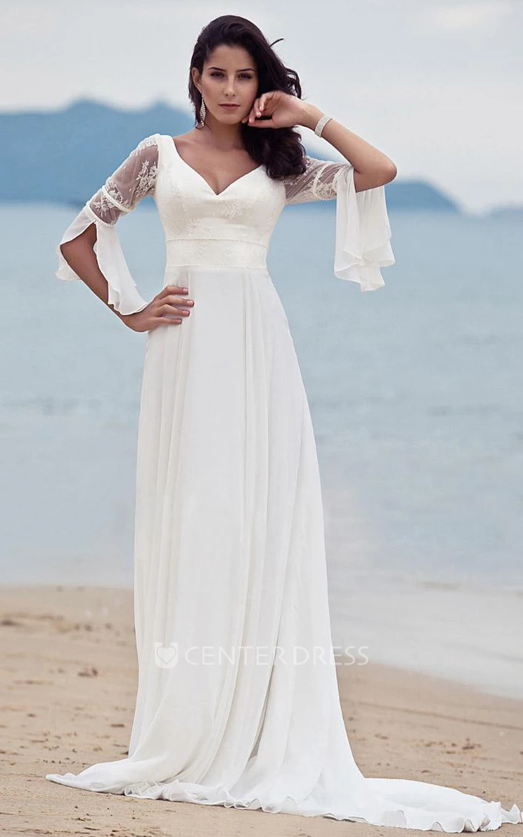 Casual V-neck Chiffon Lace Floor-length Half Sleeve A Line Wedding Dress