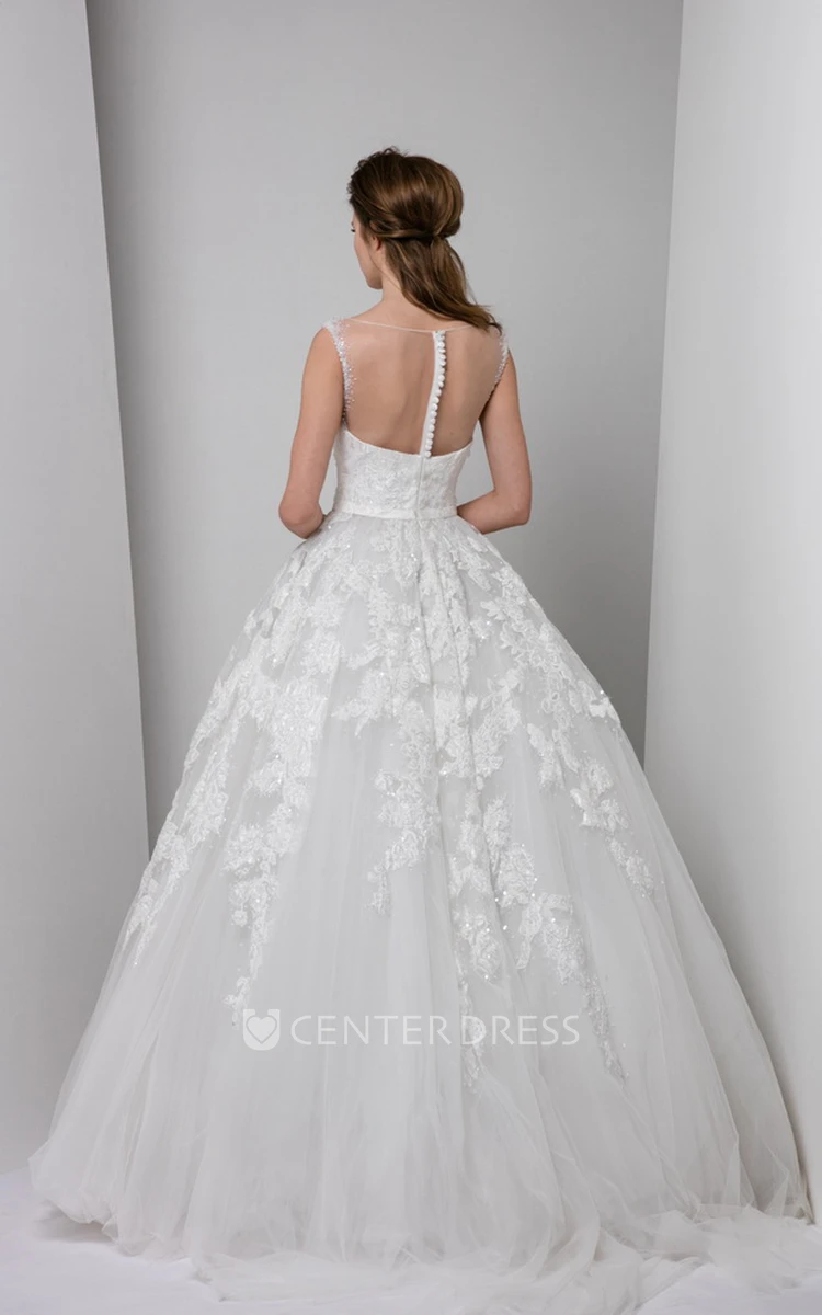 A-Line Ball-Gown Sleeveless Floor-Length Appliqued Bateau Tulle Wedding Dress With Illusion Back And Ruffles