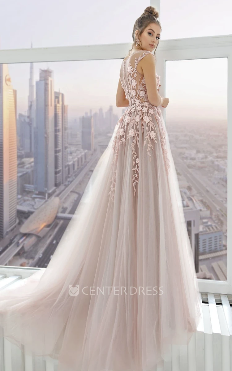 Romantic Ball Gown Lace and Tulle V-neck Floor-length Prom Dress with Appliques