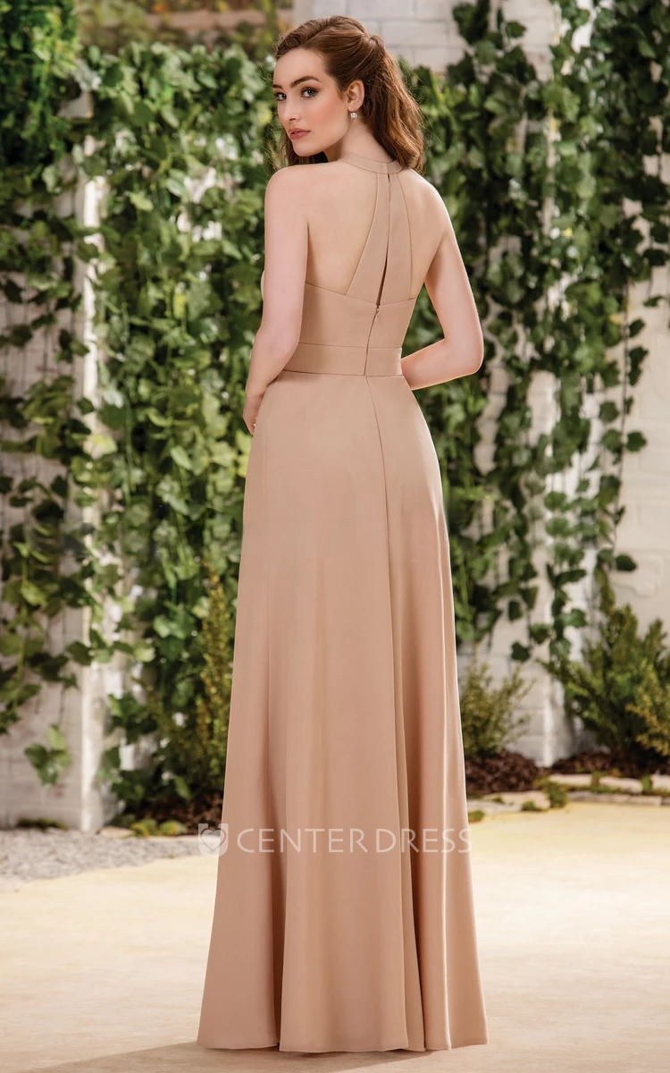 High-Neck Long Bridesmaid Dress With Pleats And Keyhole Back