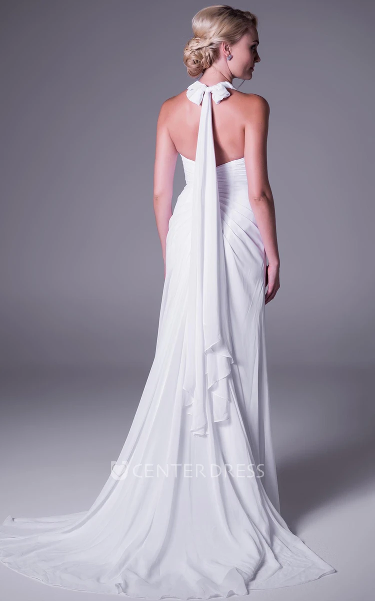 Sheath Maxi Haltered Split-Front Sleeveless Chiffon Wedding Dress With Ruching