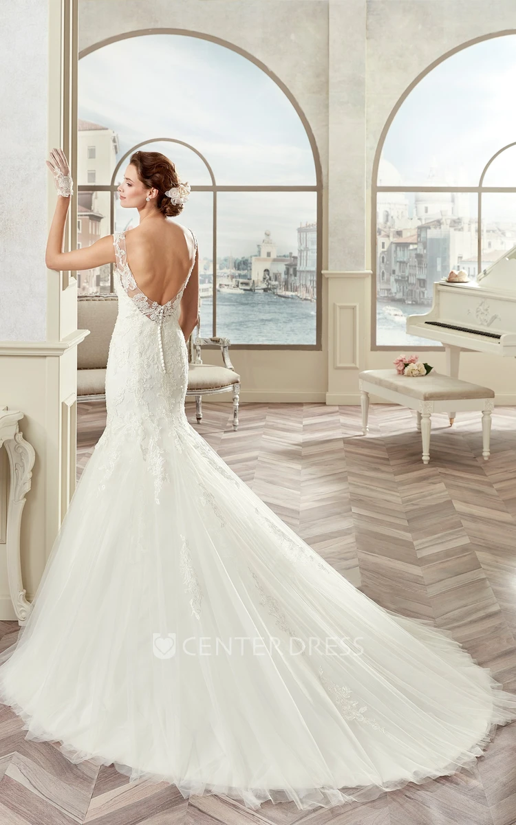 Cap Sleeve Mermaid Bridal Gown With Illusive Design And Open Back