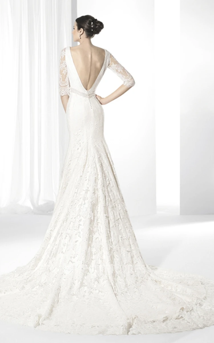 V-Neck Appliqued Half-Sleeve Lace Wedding Dress With Waist Jewellery And Deep-V Back