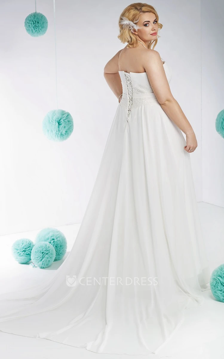 A-Line Appliqued Sweetheart Sleeveless Maxi Chiffon&Satin Plus Size Wedding Dress