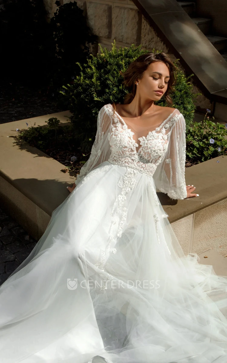 Bohemian A-Line Lace Wedding Dress V-neck Zipper Back Flowy Classy Beach