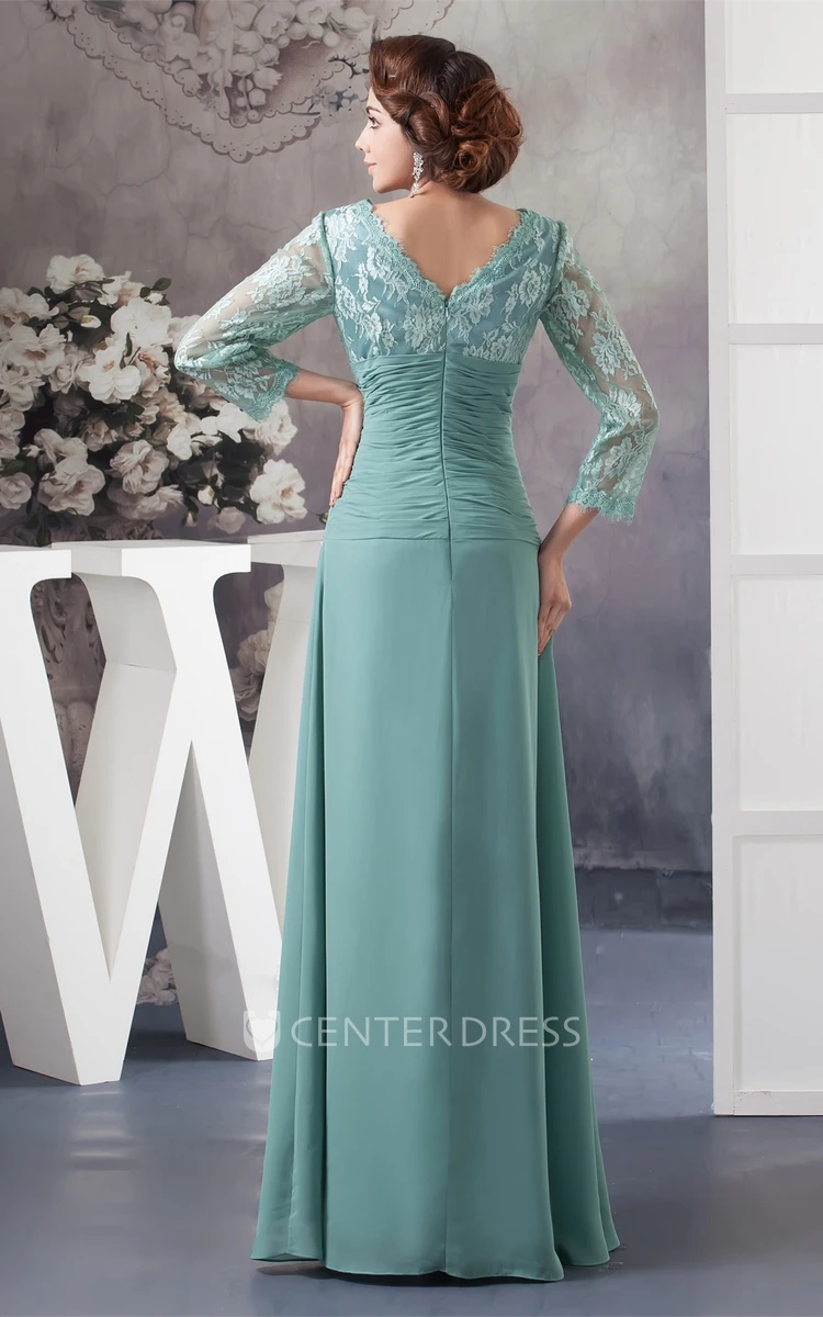 Empire V-Neck Lace Top 3 4 Sleeve Chiffon Mother of the Bride Dress