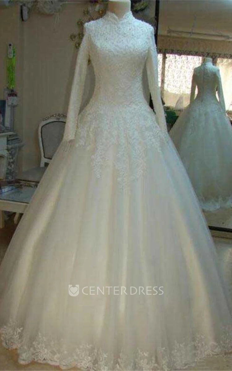 Ball Gown High Neck Lace Tulle Zipper Wedding Dress