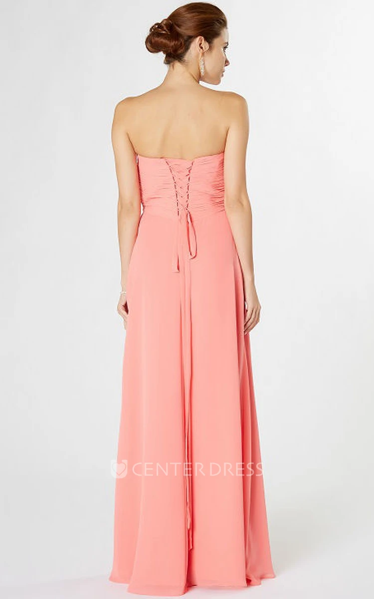 Strapless Maxi Ruched Chiffon Bridesmaid Dress With Waist Jewellery And Corset Back