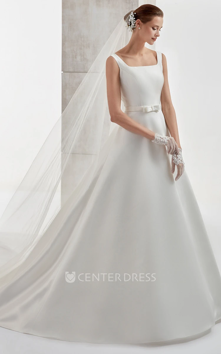Square-Neck A-Line Satin Wedding Dress With Bow Belt And Brush Train