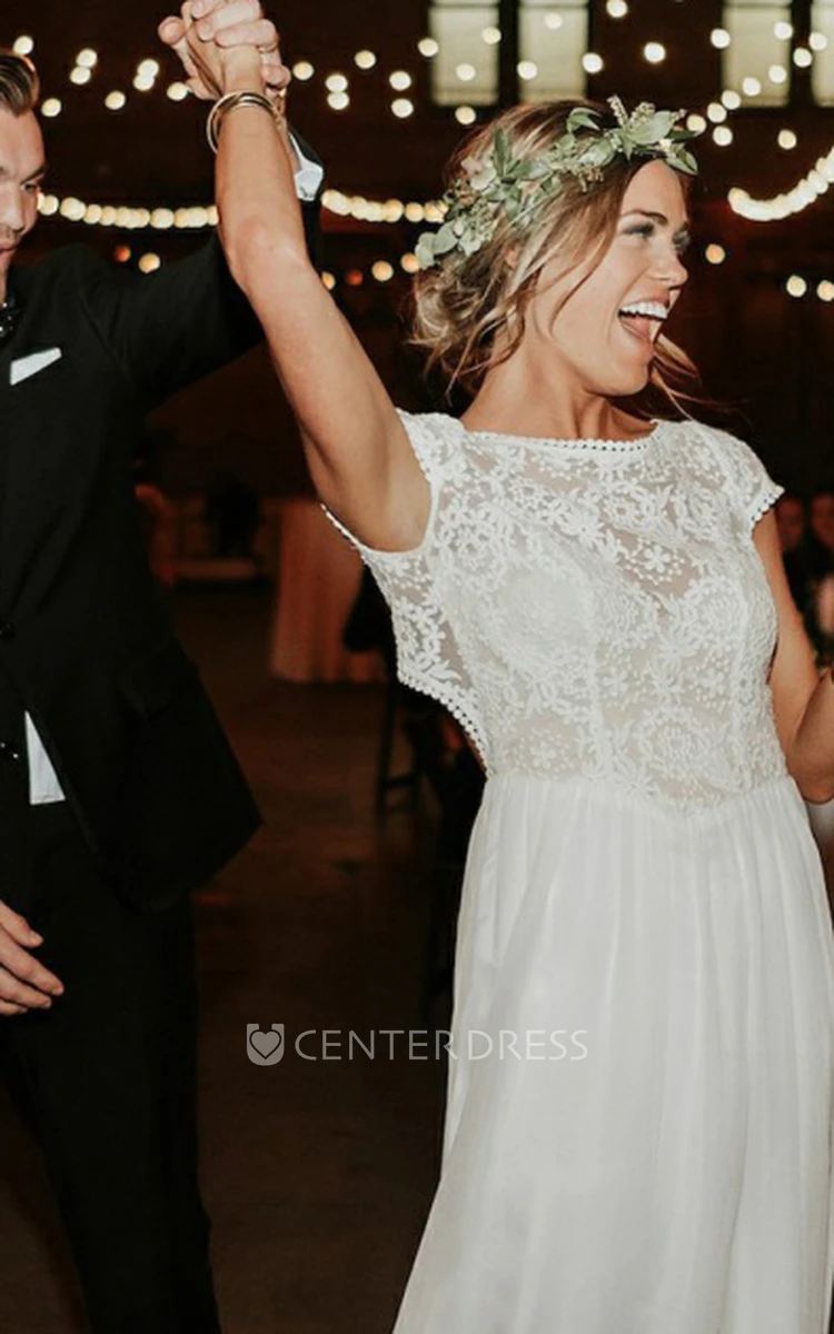 Sheath Short Sleeve Chiffon Lace Vintage Modern Keyhole Wedding Dress with Appliques