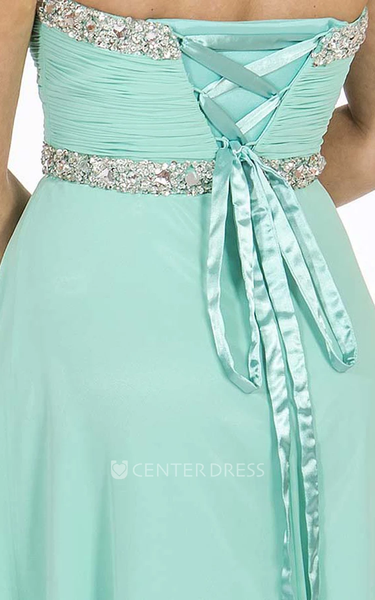 A-Line Maxi Ruched Sweetheart Sleeveless Chiffon Prom Dress With Beading